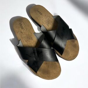 Izod Sandals Women’s Alyssa Strap Slip On Slide Black Faux Leather